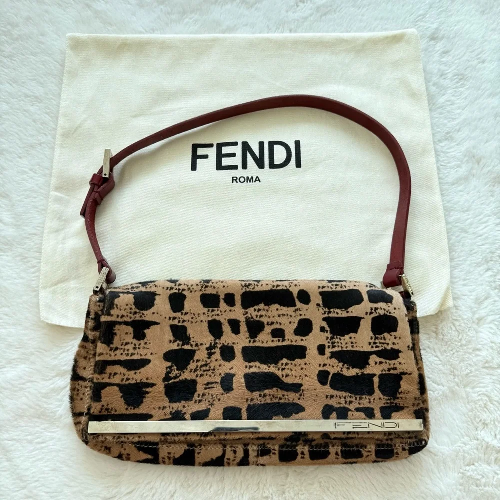 Fendi Brown Printed Pony Hair Baguette Black Beige Vintage 2000s Authentic - Picture 1 of 15